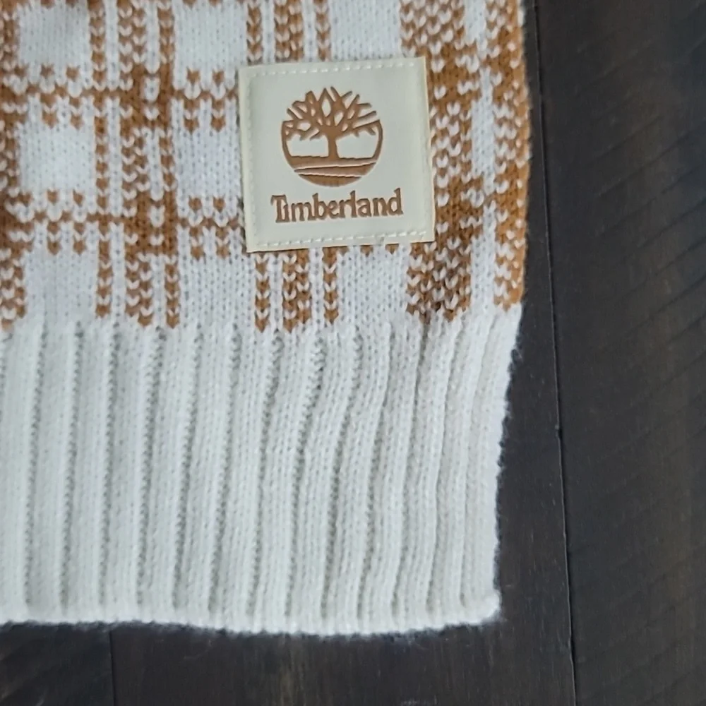 NWT Timberland Unisex Plaid Knit Scarf Acrylic Camel Cream 10